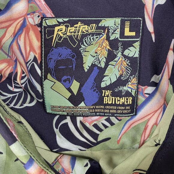 Retro The Butcher Shirt Mens Large Black Hawaiian Tropical Stretch Button Up - Picture 10 of 11